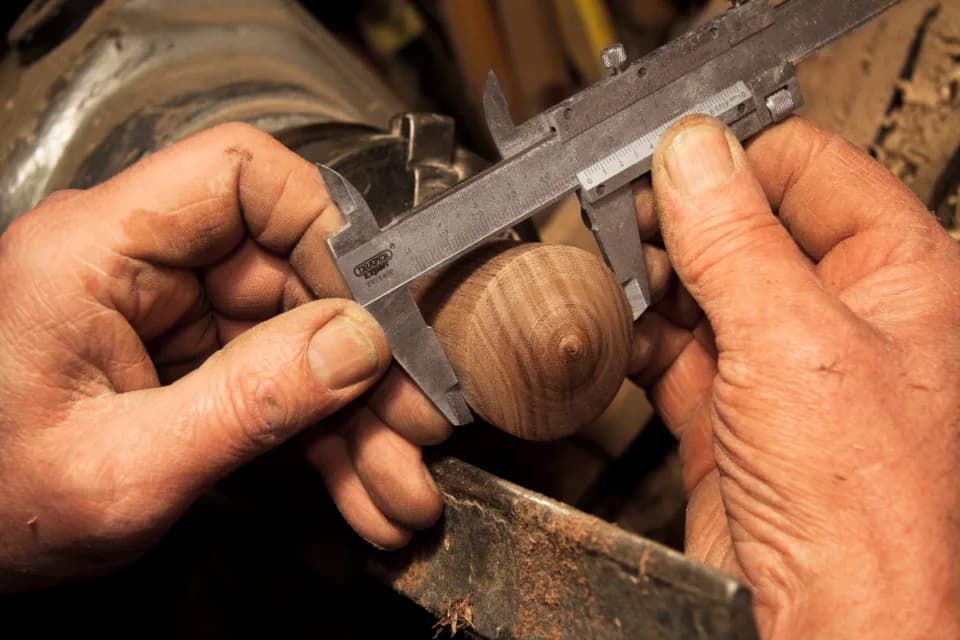 Tangan tukang kayu mengukur bulatan kayu dengan jangka sorong